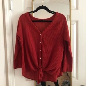 Red button down sweater